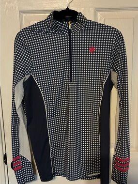 Arista Navy and White Gingham Quarter-Zip Long Sleeve Top Womens Medium